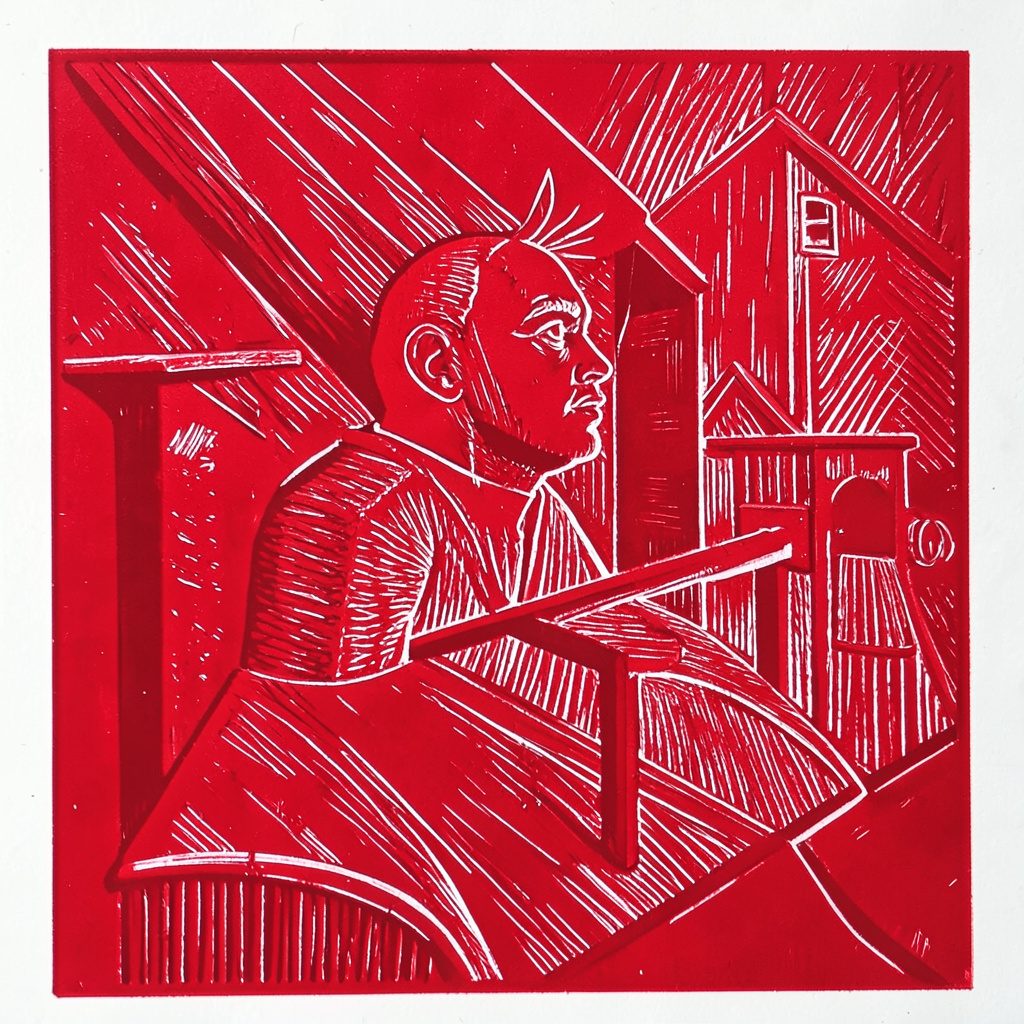 A carved linocut relief print of a mid-century modern chair with clean tapered legs, rendered in deep teal and warm ochre against a pale cream background.